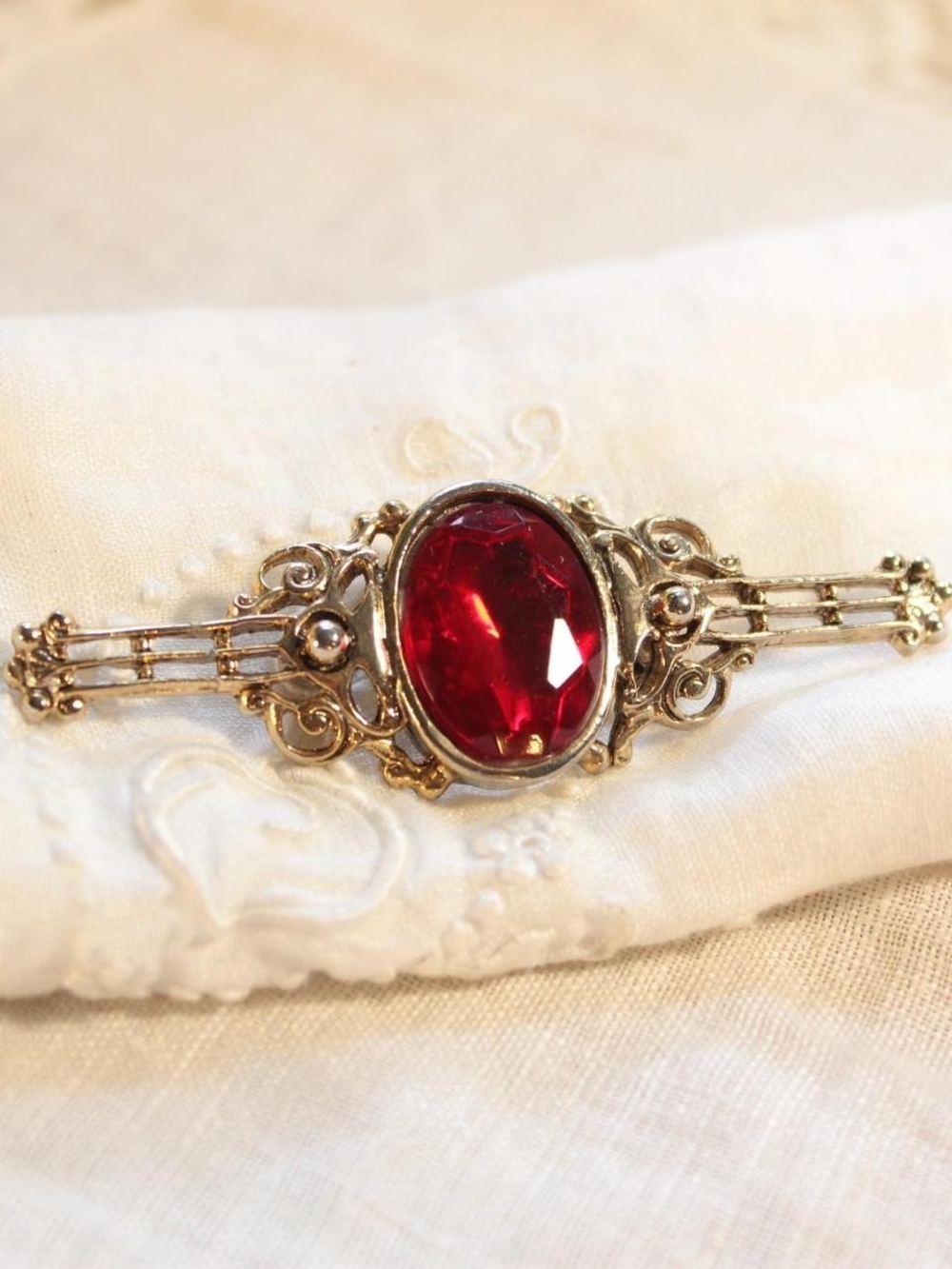 Victorian Style Ornate Gold Red Glass Stone Brooch